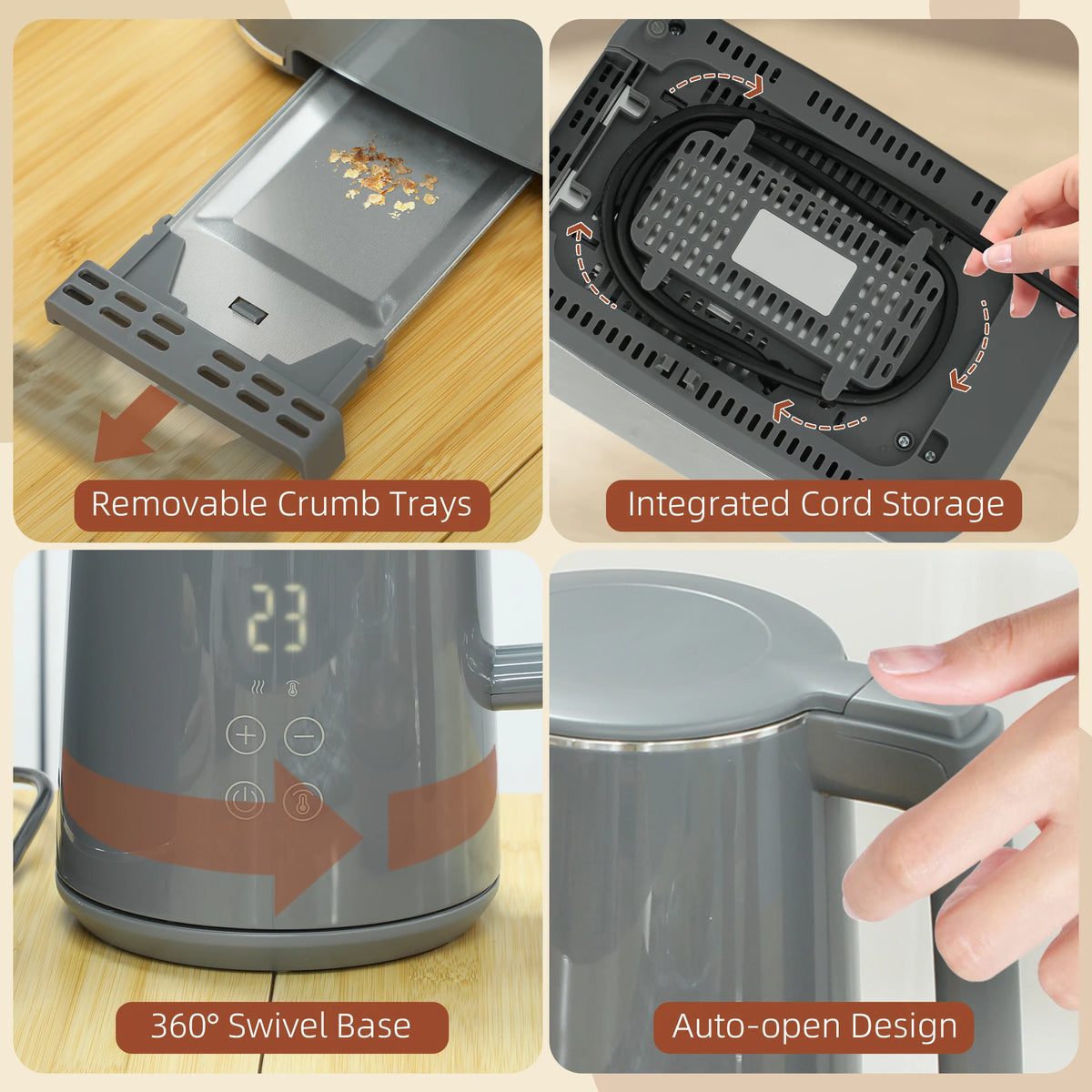 1.5L 3000W Fast Boil Kettle and 2-Slice Toaster Set with Insulation, Grey