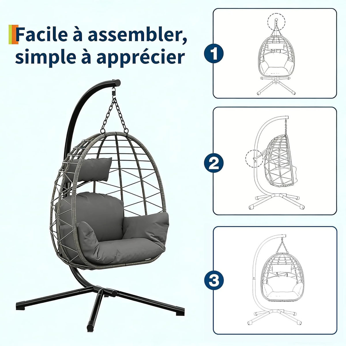 Garden Rattan Hanging Egg Chair with Stand Cushions 150kg Foldable All-Weather Cover for Patio Outdoor