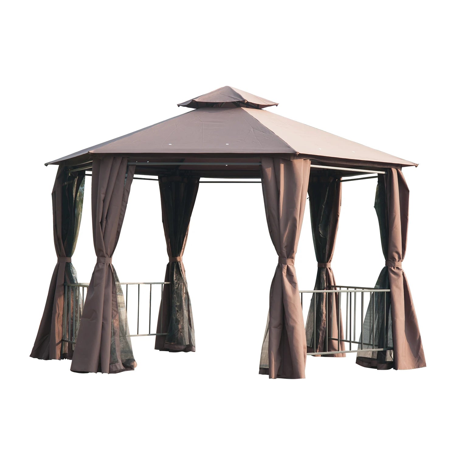 3 x 3m Hexagonal Garden Gazebo with Double Tier Roof, Mesh Side Panels, UV-Resistant Canopy and Ground Stakes