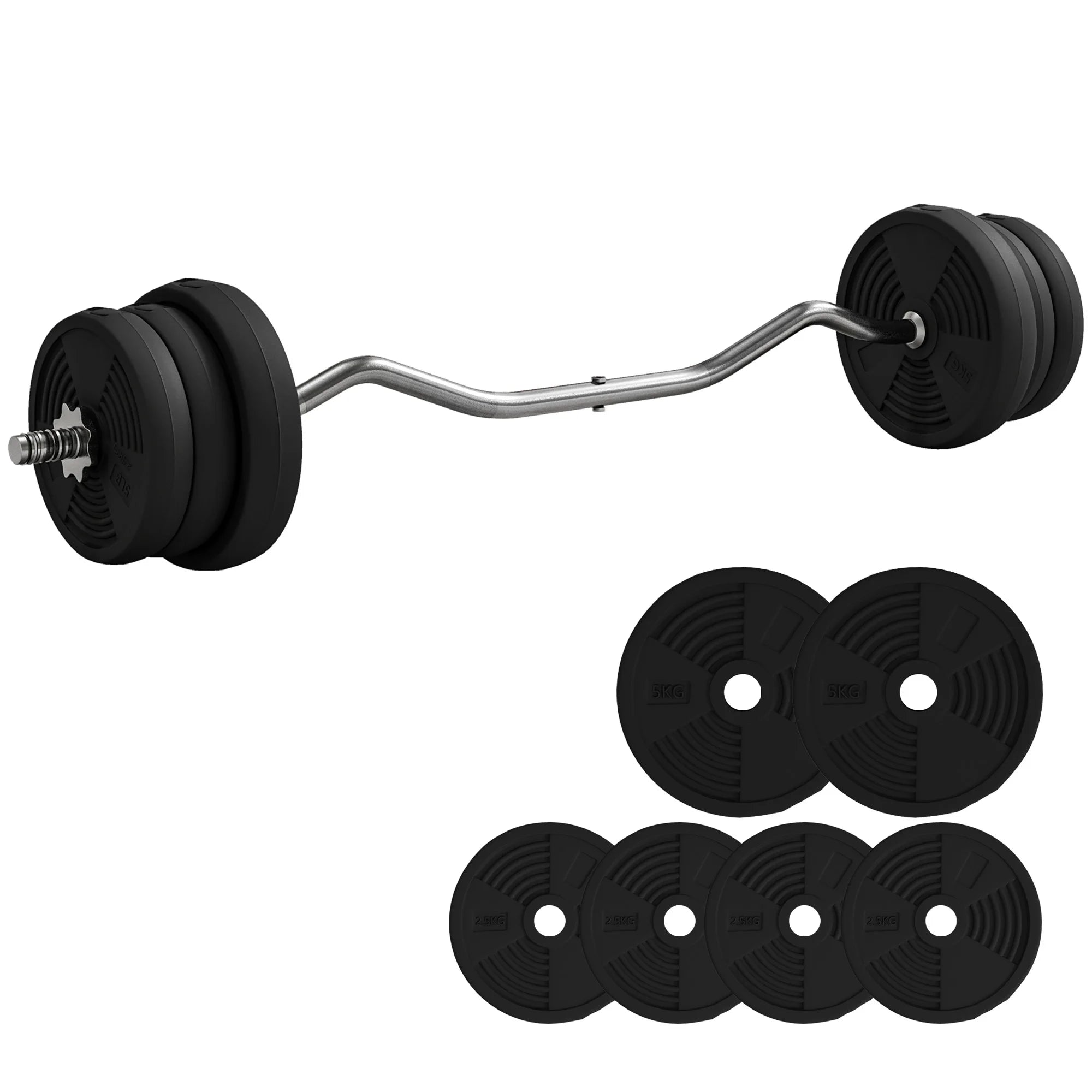 25kg Adjustable Barbell Weights Set with 4ft Curl Bar Non-Slip Handle Plastic Coated Plates for Home Gym