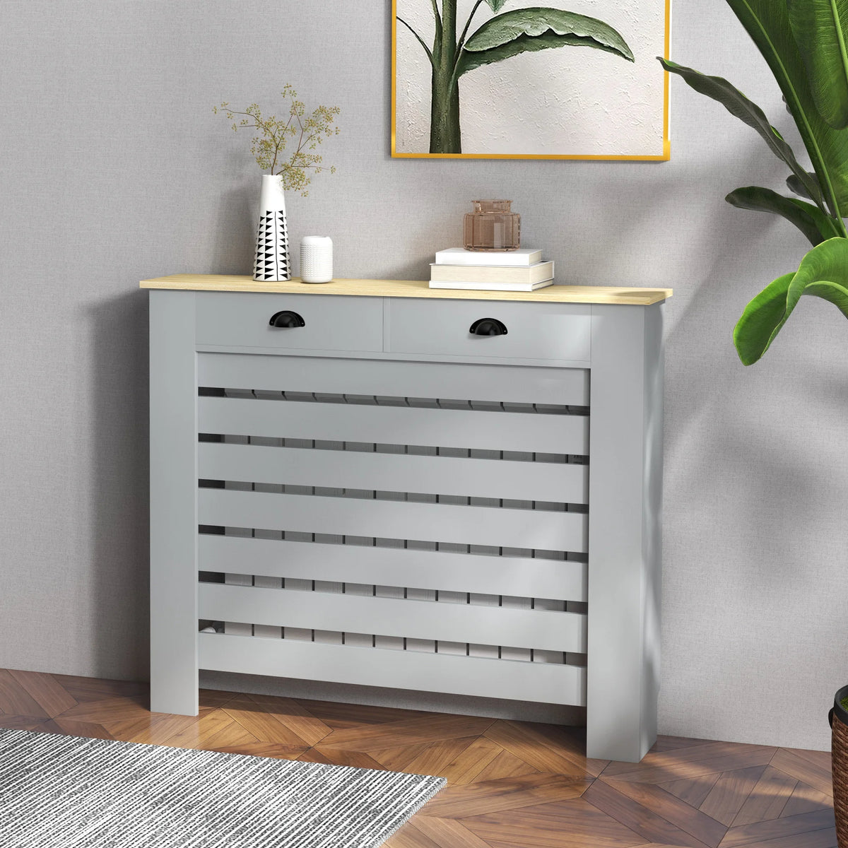 Slatted Radiator Cover with Drawer, 111cm, Grey