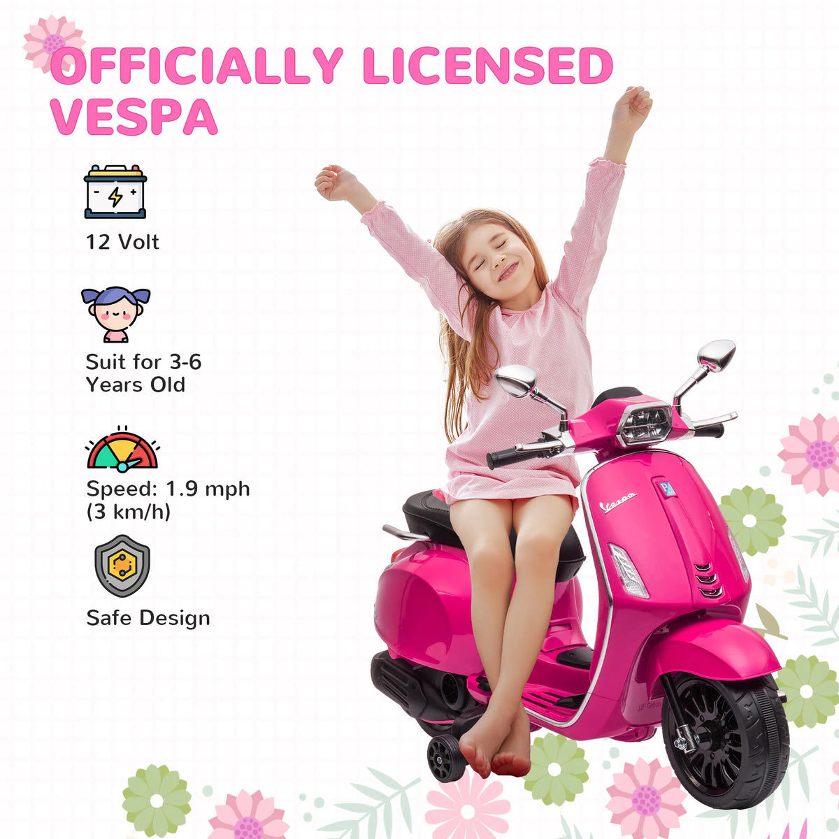 Vespa Licensed 12V Kids Electric Ride On Motorbike 107x47x73cm with Training Wheels Lights and Music