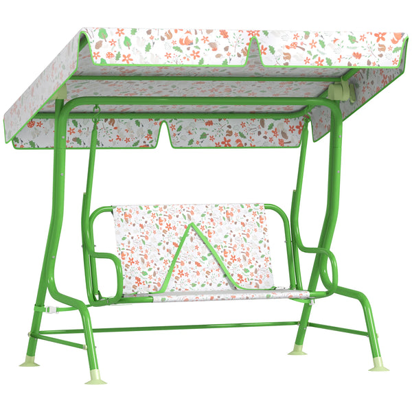 2 Seater Kids Garden Swing Chair with Adjustable Canopy Non Skid Feet Fox Pattern Steel Frame Green