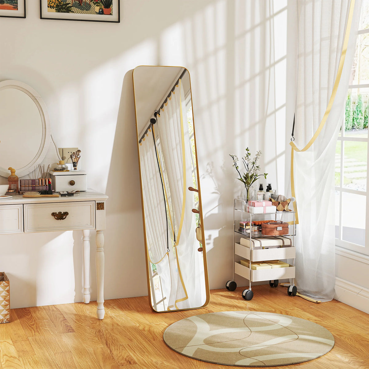 Full Length Mirror with Tilting Bracket, Rectangular Floor Mirror, 40 x 160 cm, Gold Tone