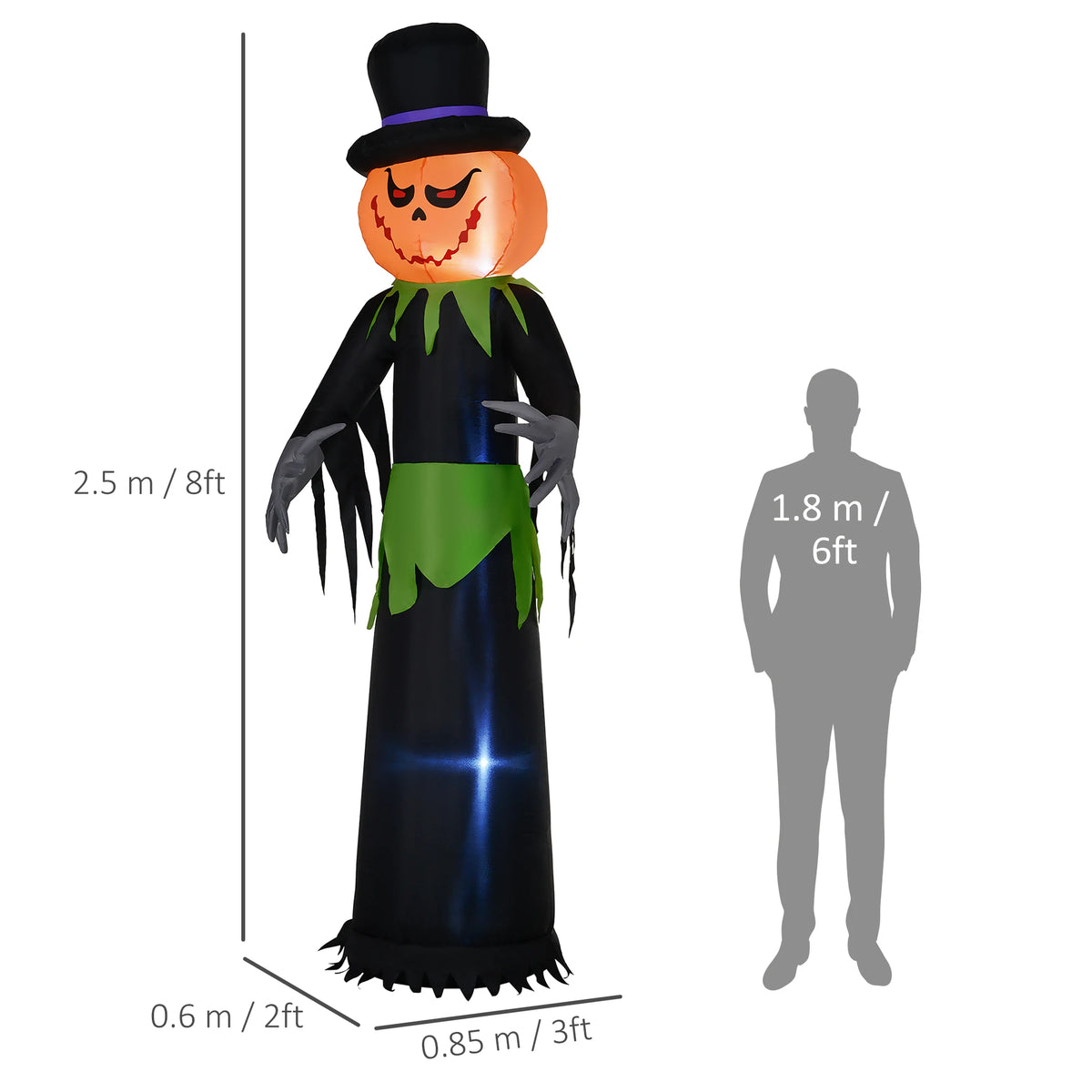 8ft Inflatable Halloween Pumpkin Ghost in a Hat with LED Lights