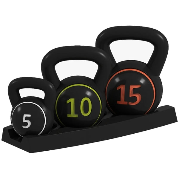 3 Piece Kettlebell Set 5lb 10lb 15lb 2.2kg 4.5kg 6.8kg with Storage Tray Flat Base Plastic Cover