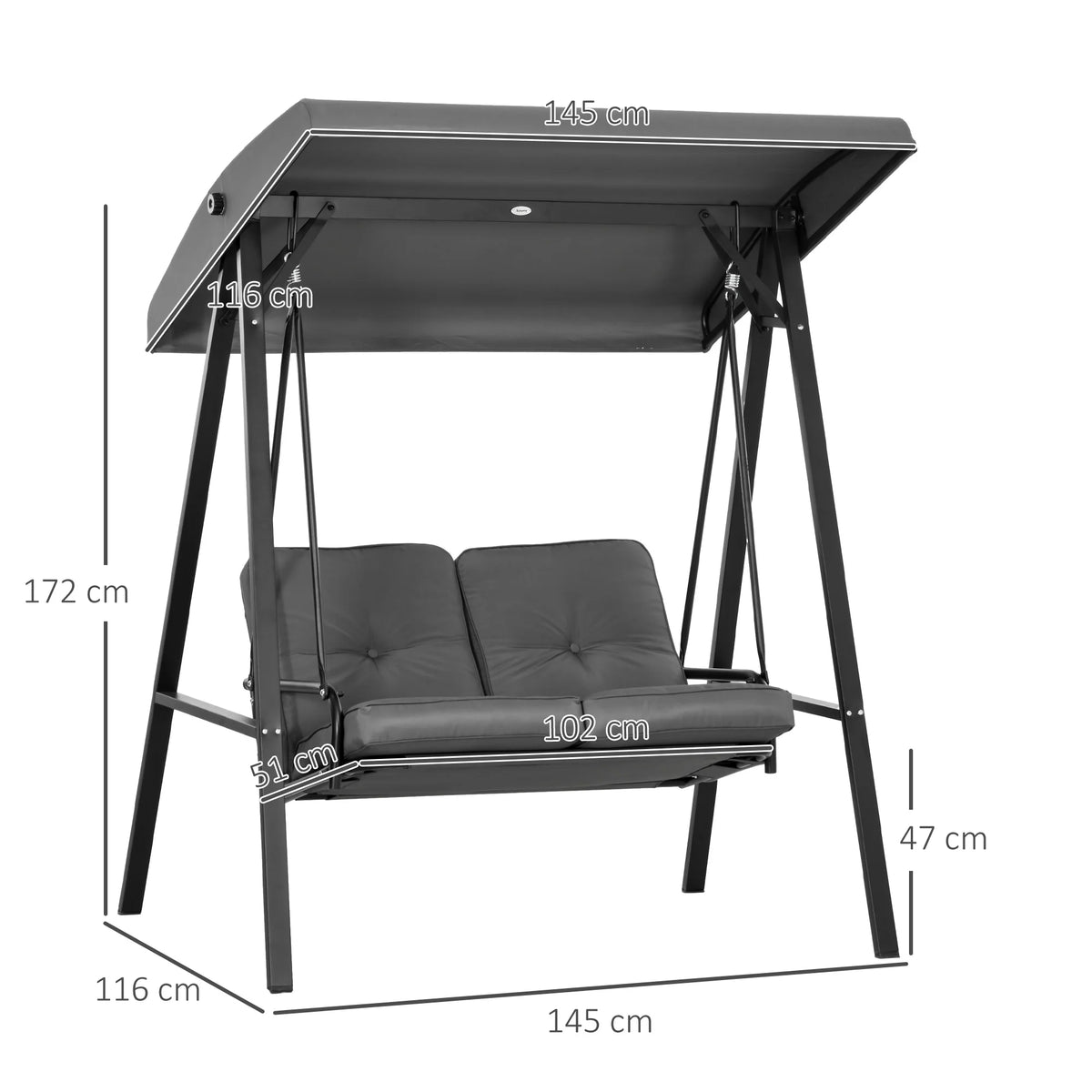 2 Seater Garden Swing Seat with Adjustable Canopy and Cushions, Dark Grey