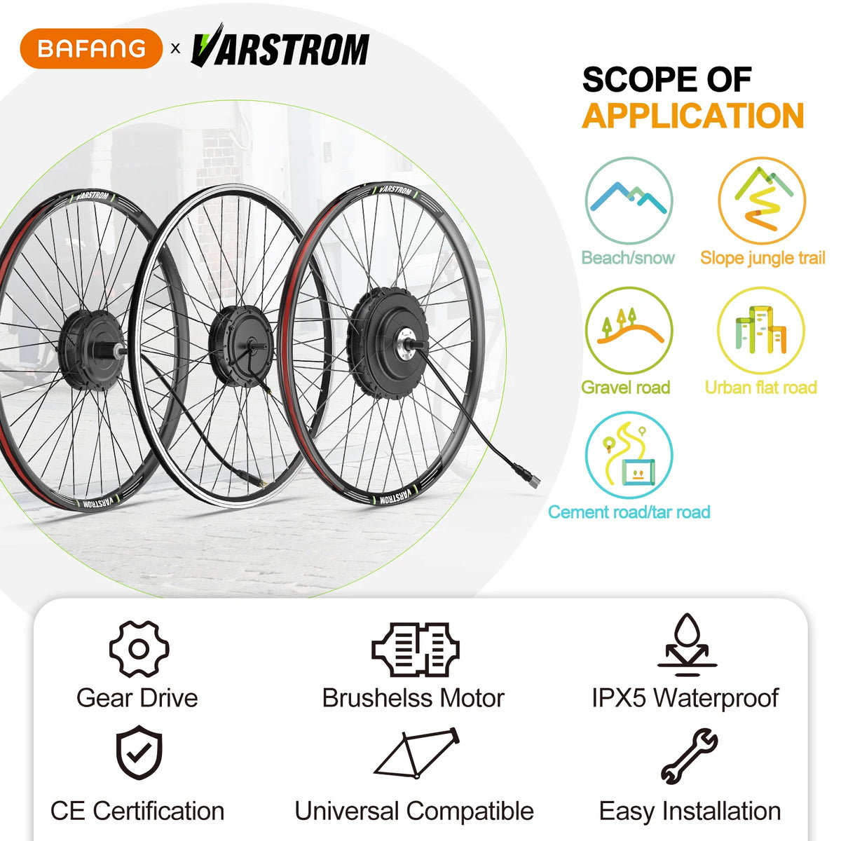 48V Rear Hub Motor E-Bike Conversion Kit 500W, 750W or 1000W for 20", 26", 27.5" and 700C Cassette Wheels