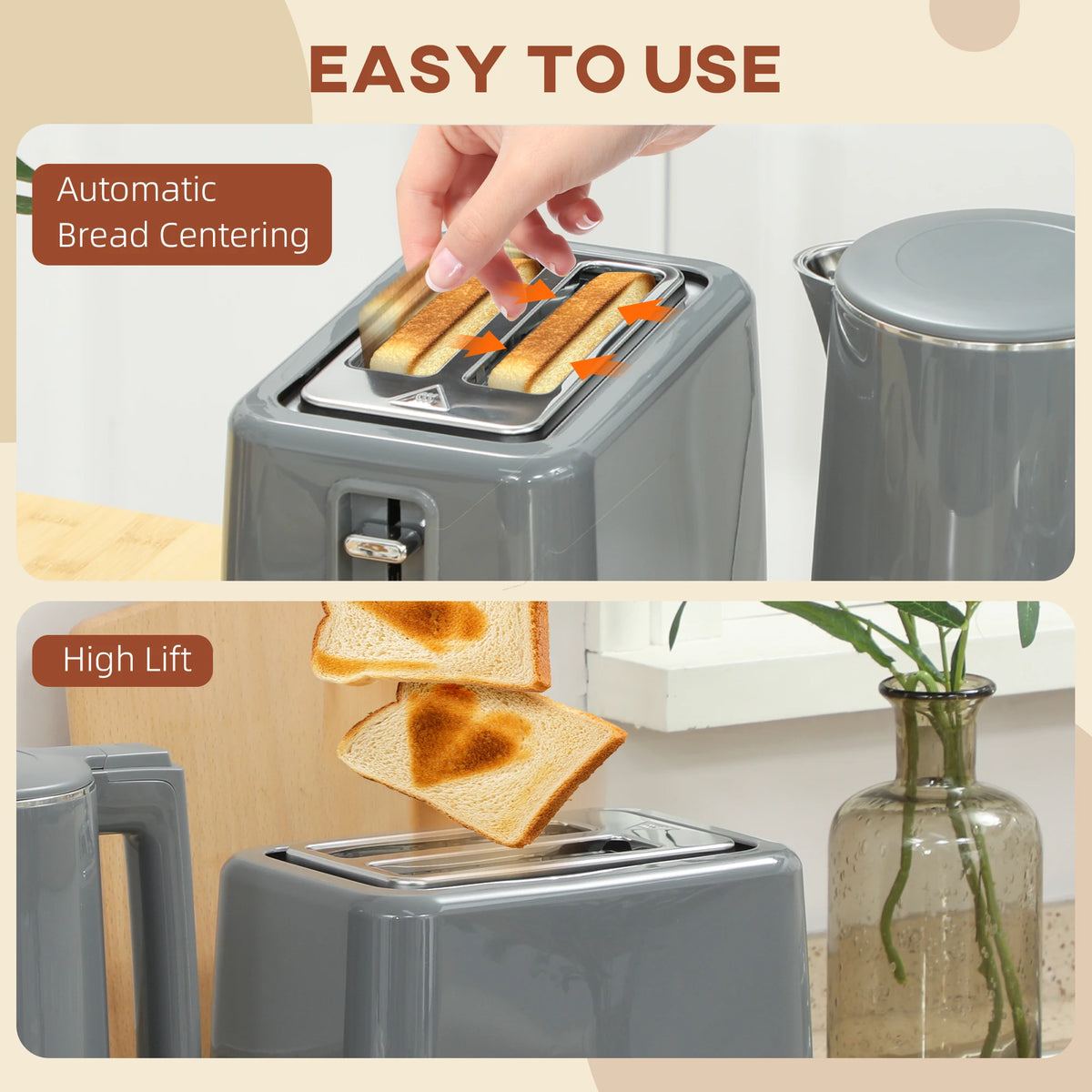 1.5L 3000W Fast Boil Kettle and 2-Slice Toaster Set with Insulation, Grey