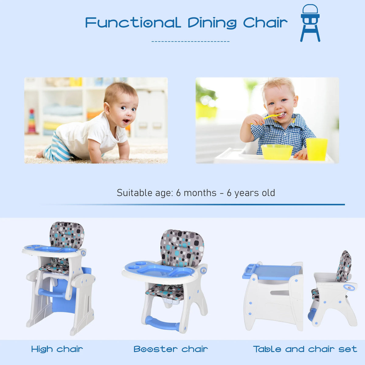 2 in 1 Convertible Baby High Chair to Booster Seat with 5 Point Harness Removable Tray HDPE 50kg