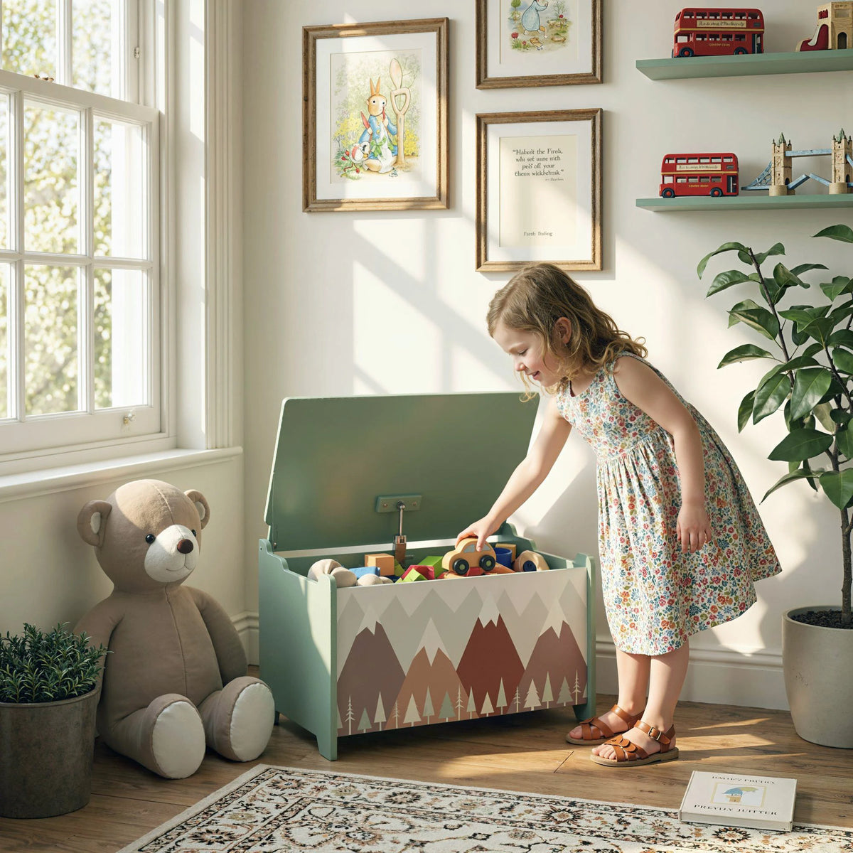 Kids Toy Chest with Safety Hinge Lid Opens to 70 Degrees Rounded Corners Wooden Storage Box