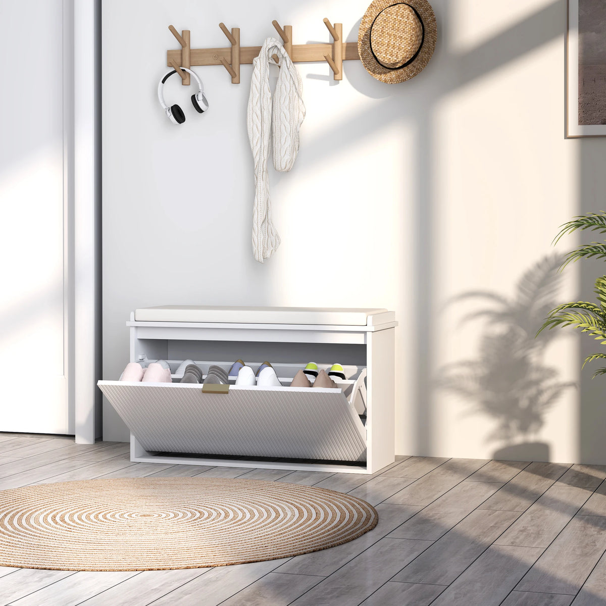 Shoe Storage Bench with Cushioned Seat and Flip Drawer, 80 x 26 x 47.5 cm, White