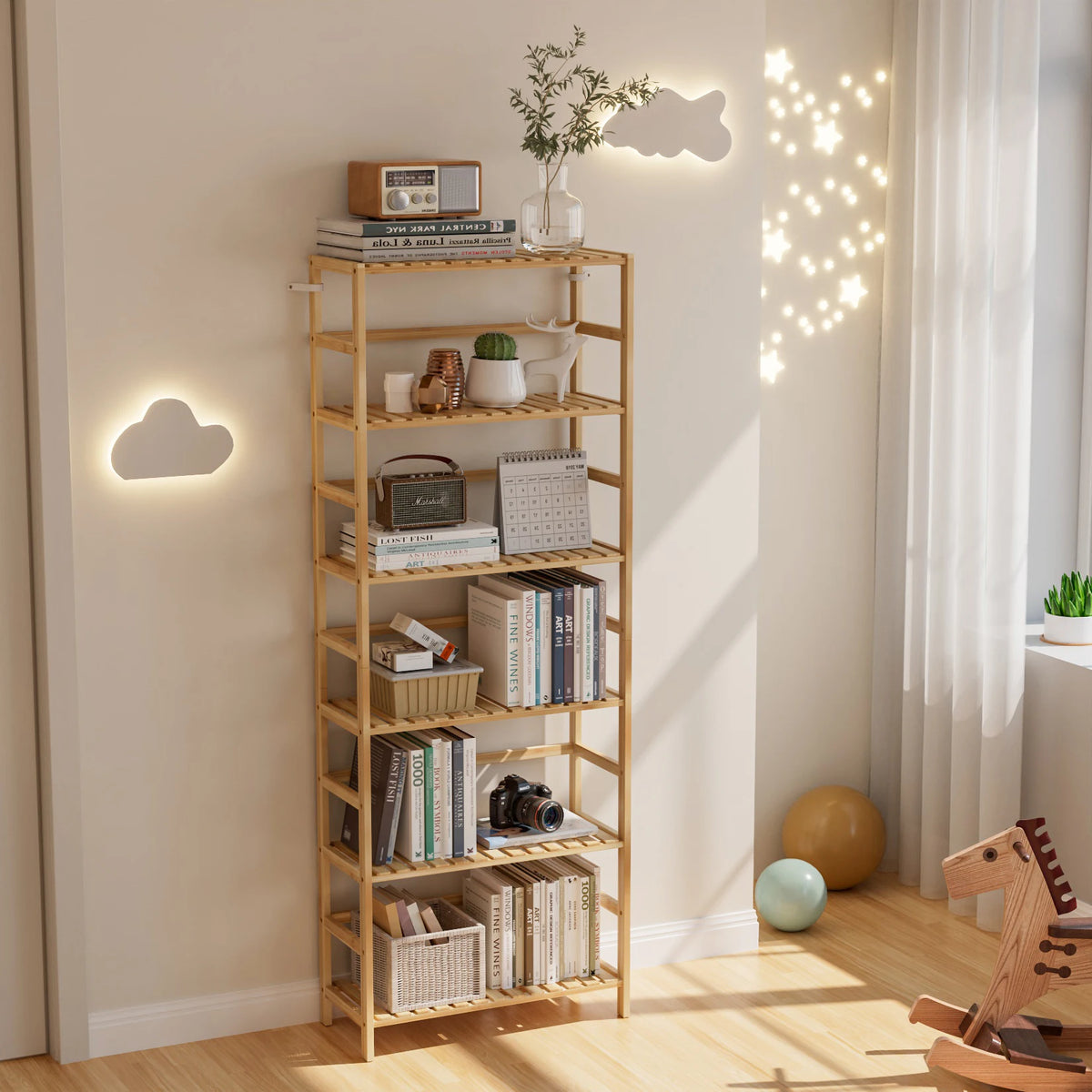 6-Tier Bamboo Bookshelf and Flower Rack with Adjustable DIY Shelves | Freestanding Natural Wood Display Unit