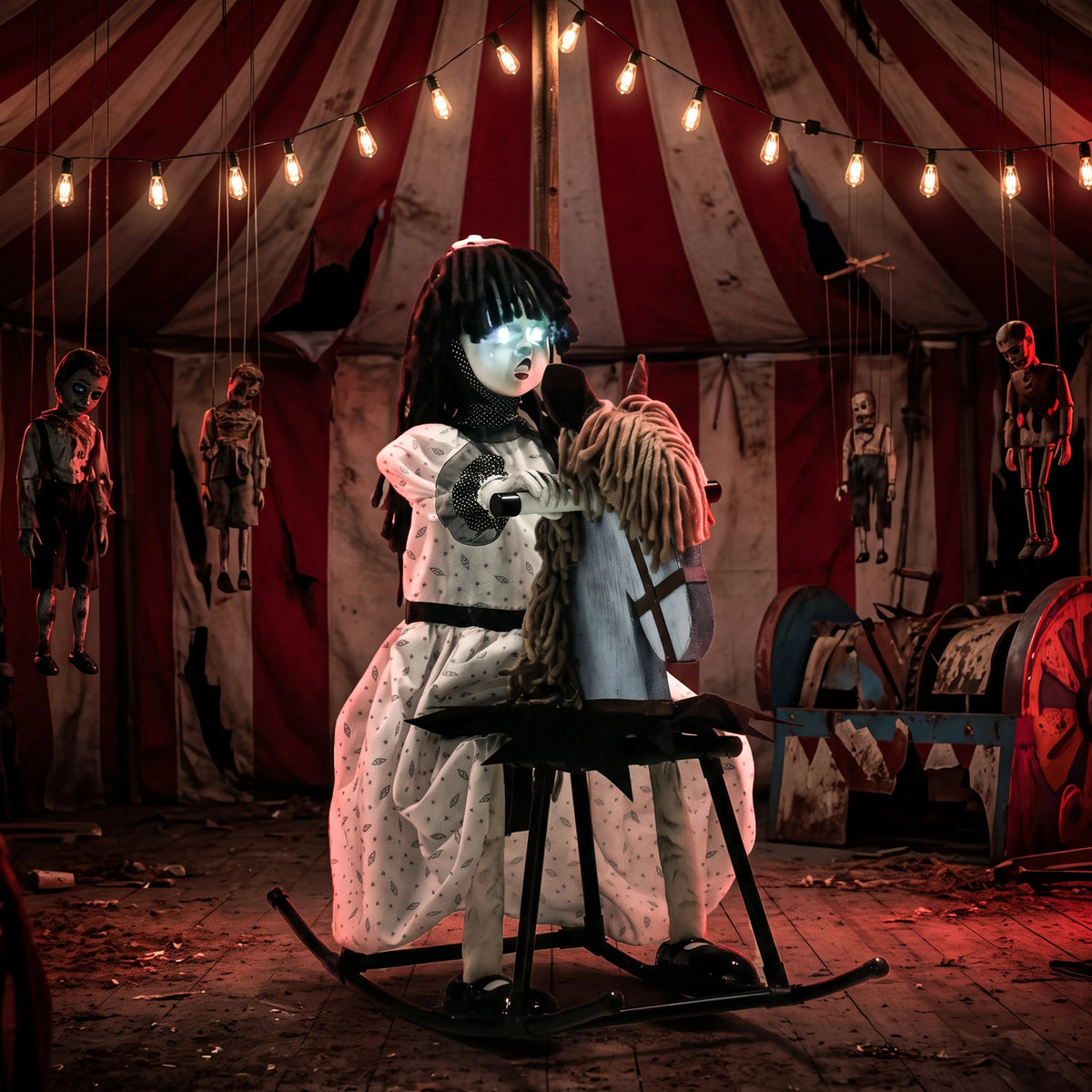 72cm rocking horse girl Halloween prop shown on a floor