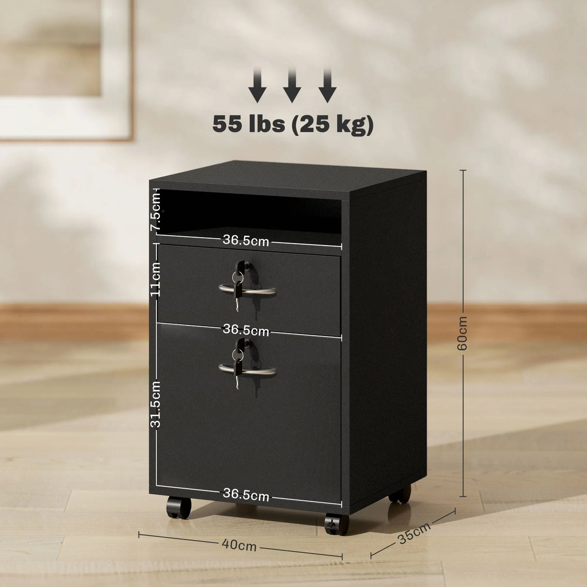 Filing Cabinet 60cm with Bottom Cupboard Top Drawer Open Shelf and Rolling Casters Printer Stand Black