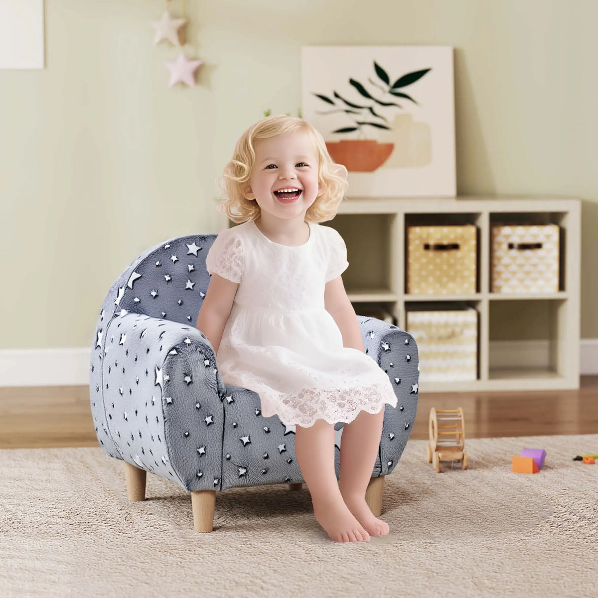 Kids Armchair with Glow in the Dark Star Pattern High Density Foam Soft Fabric Wide Armrests for Bedroom