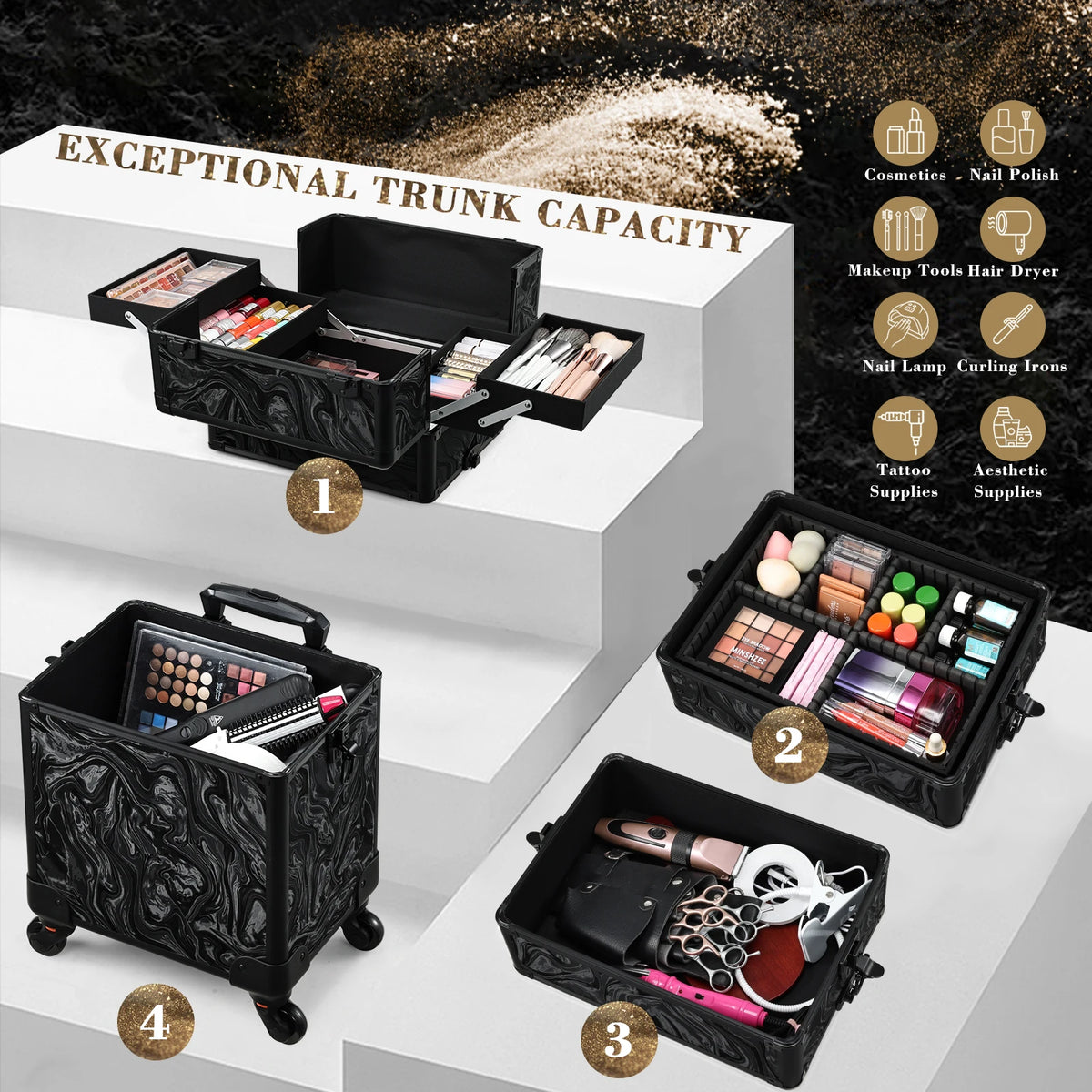 4 in 1 Rolling Makeup Train Case on Wheels with 4 Trays 36-55L PVC Cosmetology Trolley for Nails and Tattoo