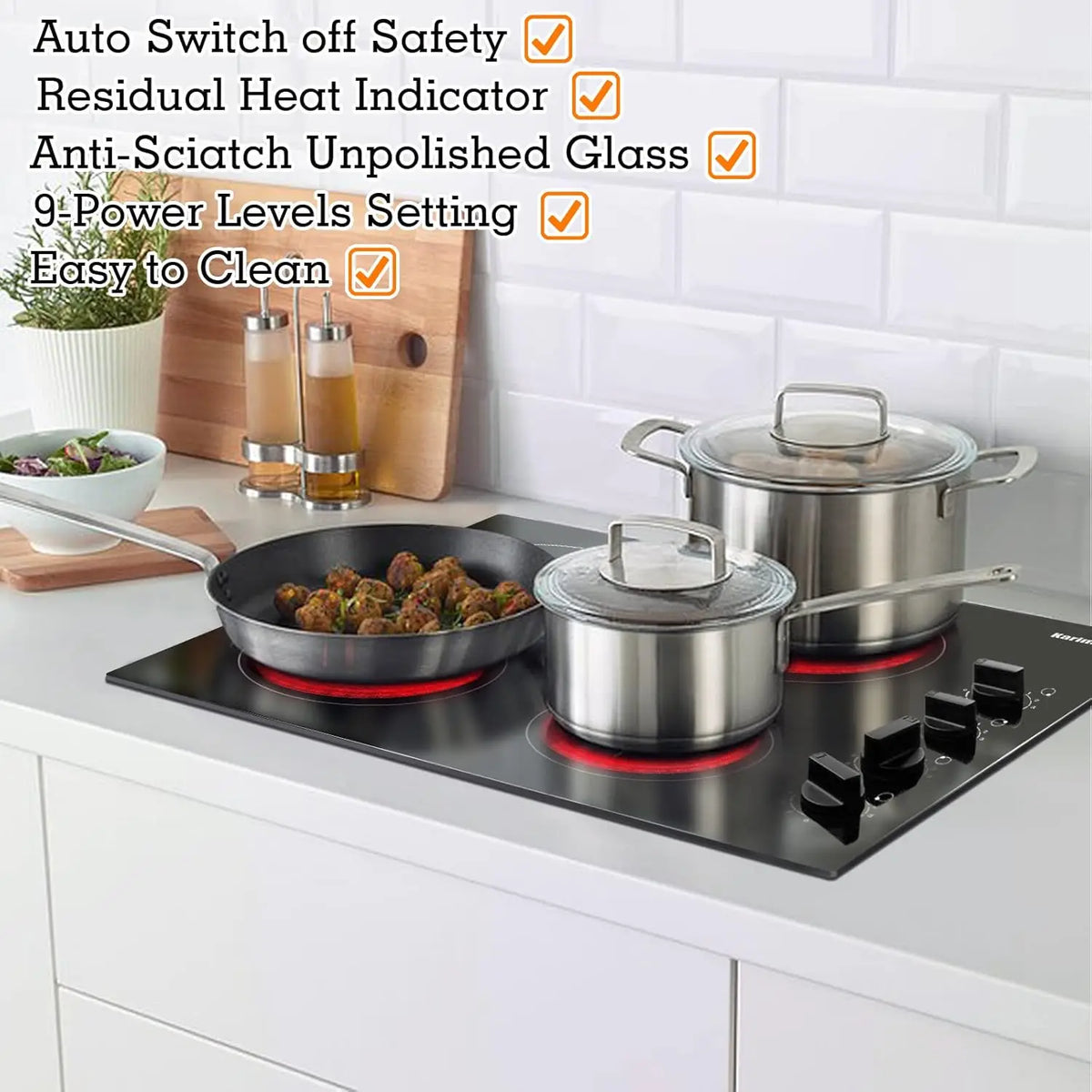 4 Burner Electric Cooktop 6000W Built In Hob with Knob Control Residual Heat Indicator