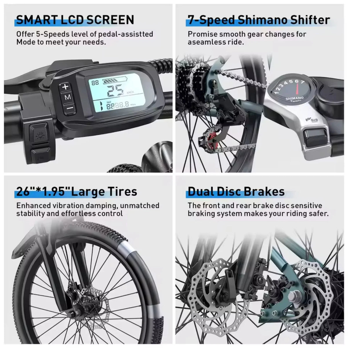 26 Inch Trail Electric Mountain Bike with 250W Pedal Assist Motor and 36V Removable Battery