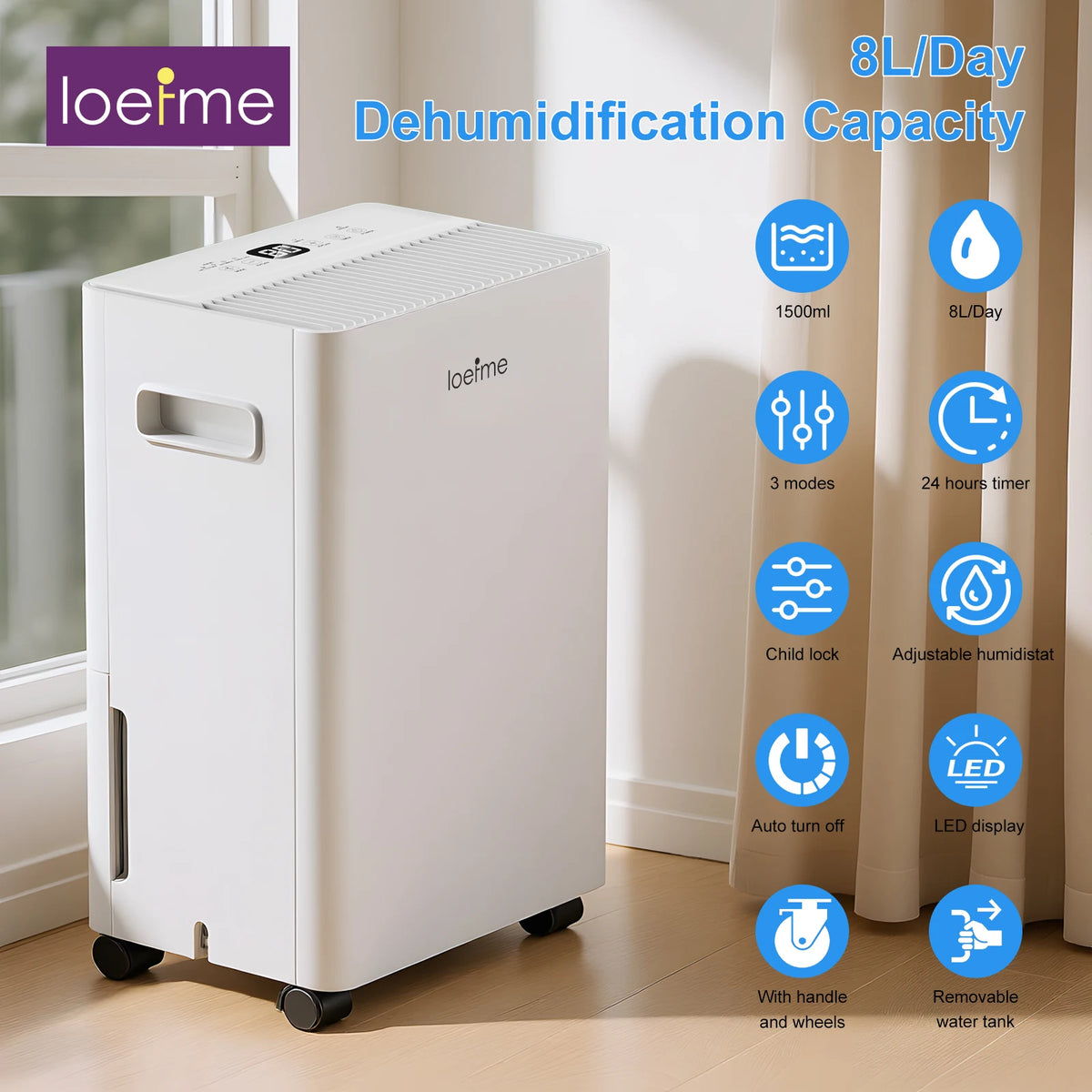 8L per Day Dehumidifier with Drainage Hose and Humidity Control