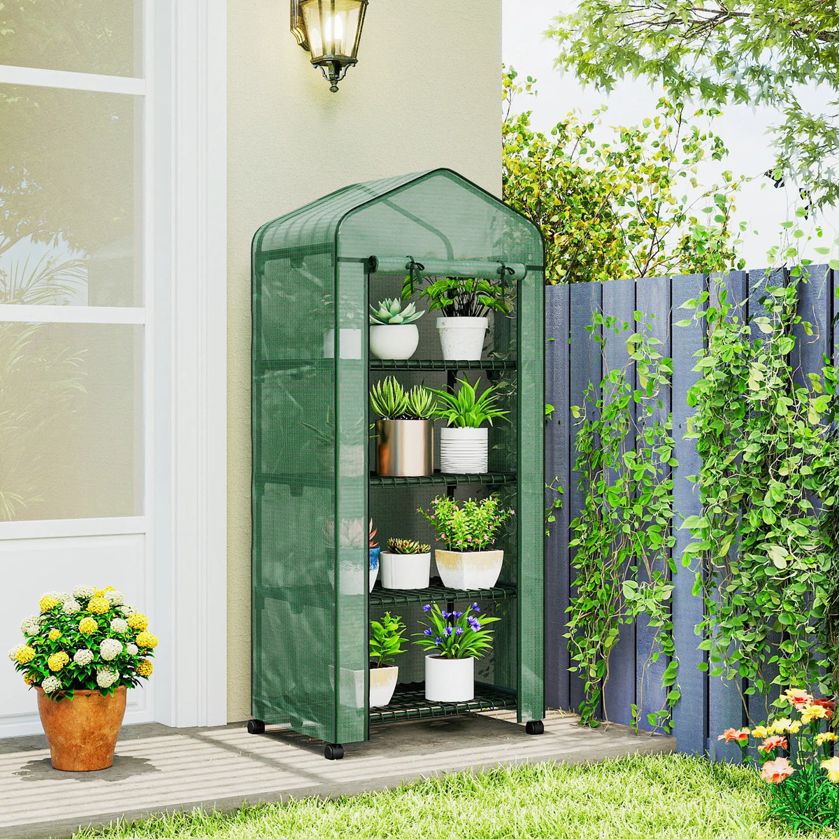 Portable 4-Tier Mini Greenhouse on Lockable Wheels with Clear Cover, Green