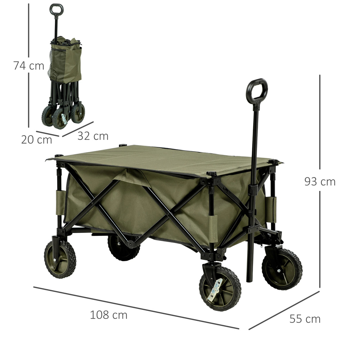 Folding Garden Trolley with Brakes and Cover, Collapsible Camping Wagon, 125L Capacity