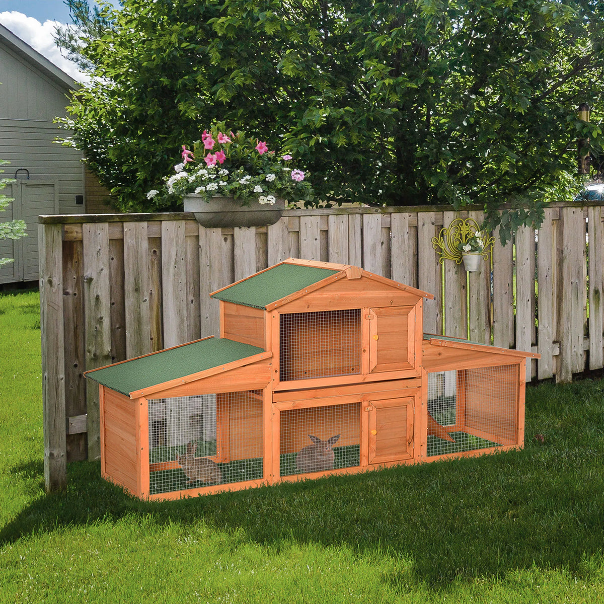 2-Tier Fir Wood Rabbit Hutch with Run, for Guinea Pigs and Small Animals