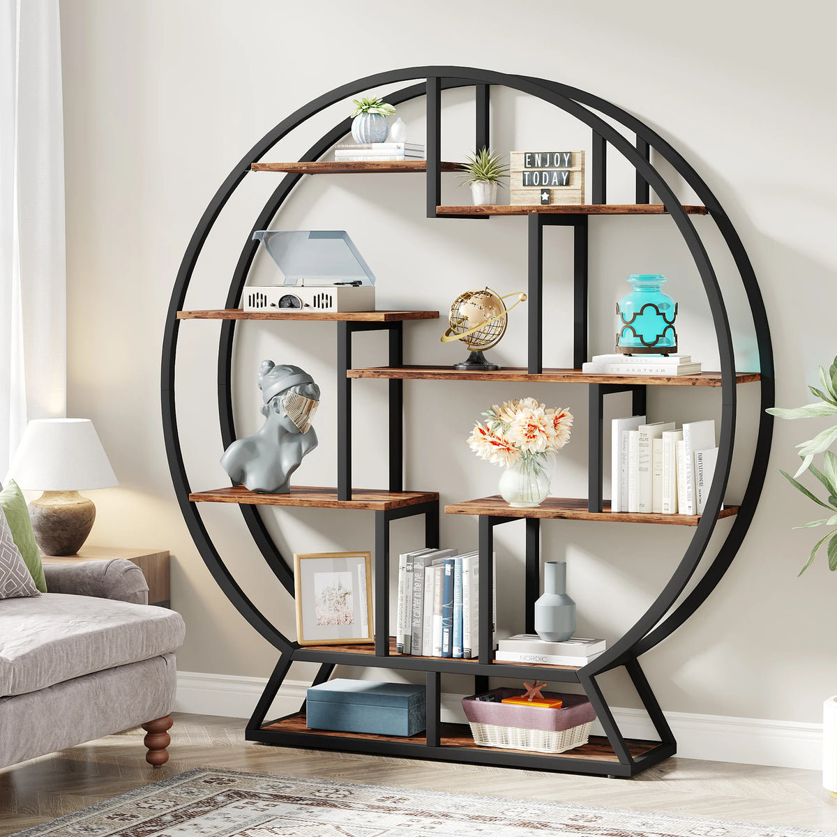 63 Inch Round Industrial Bookshelf with 14 Staggered Shelves | Rustic Brown and Black Etagere Bookcase