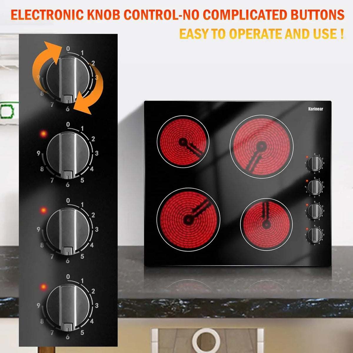4 Burner Electric Cooktop 6000W Built In Hob with Knob Control Residual Heat Indicator