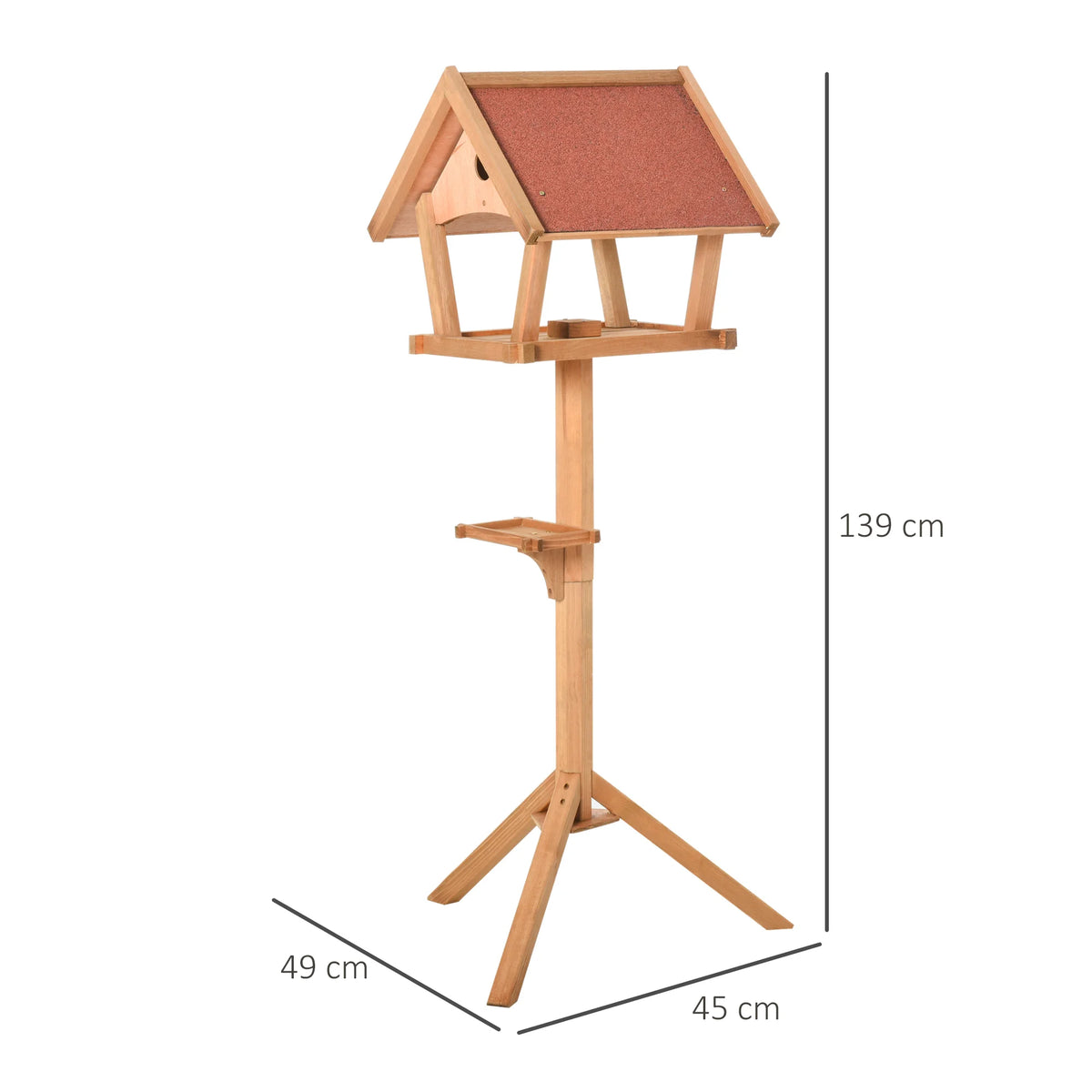 Wooden Bird Feeder Stand 49x45x139cm Fir Wood with 2 Platforms Nesting Space and Asphalt Roof Natural