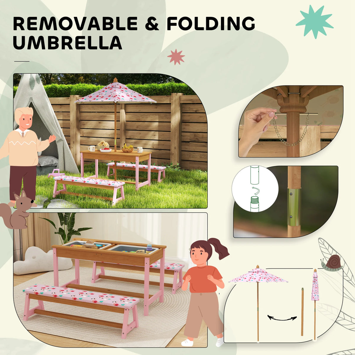 Kids Picnic Table and Bench Set with Umbrella Removable Top Sandbox Storage Boxes Fir Wood Flamingo Pink