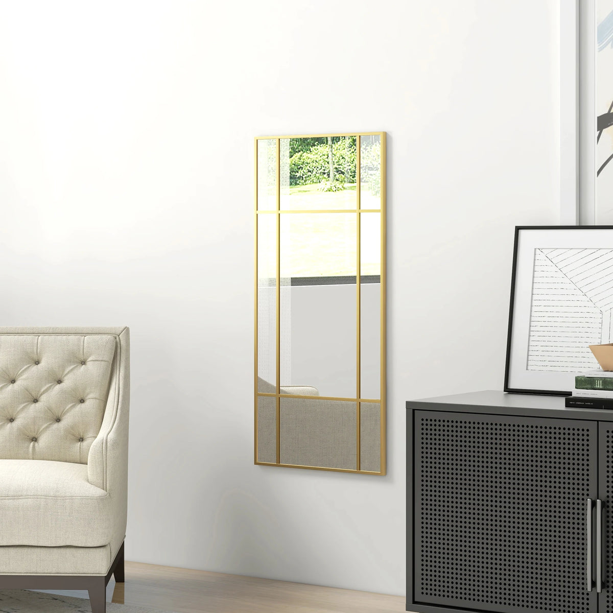Window Style Vanity Mirror 110 x 50cm Hanging Wall Mirror, Gold Tone