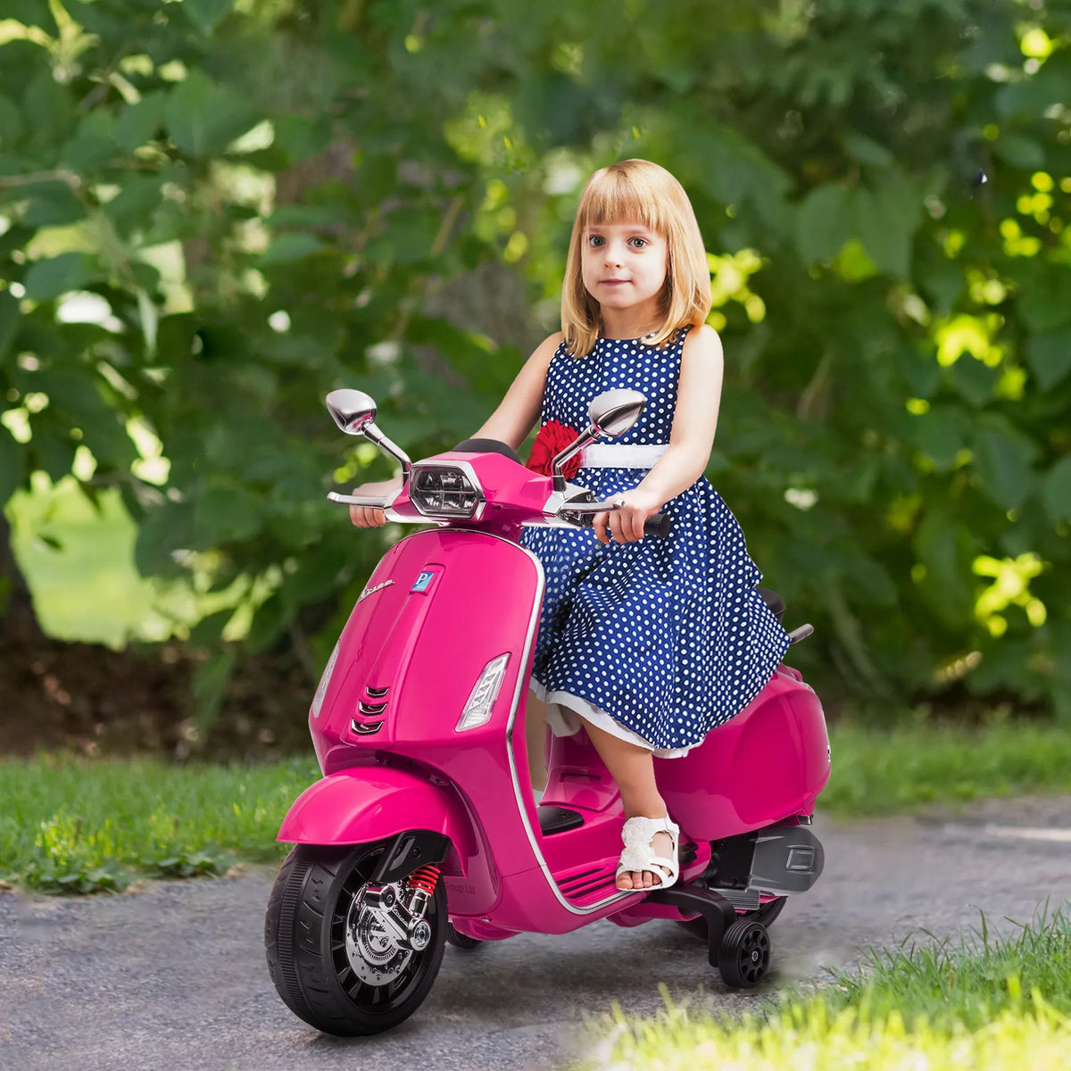 Vespa Licensed 12V Kids Electric Ride On Motorbike 107x47x73cm with Training Wheels Lights and Music