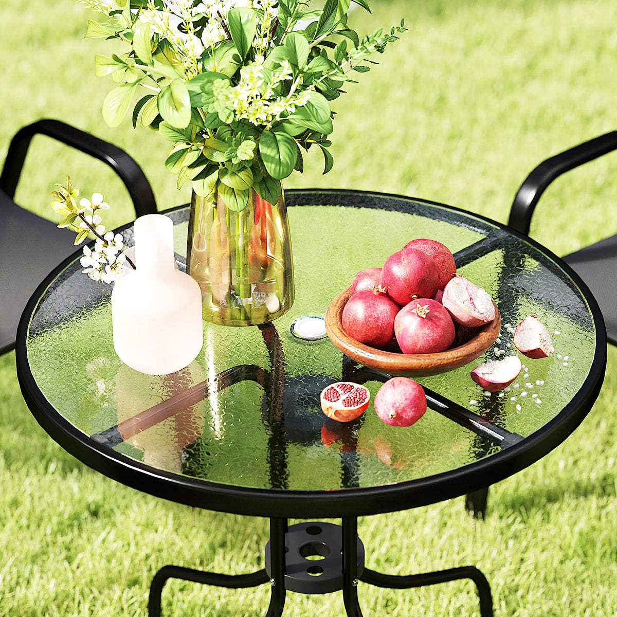 5 Pieces Garden Table and Chairs, 4 Seater Garden Furniture Set with High Back Stackable Chairs and Glass Top Table
