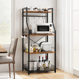 4-Tier Kitchen Bakers Rack with Wire Basket and 8 Hooks | Microwave Stand Coffee Bar Storage Shelf Unit