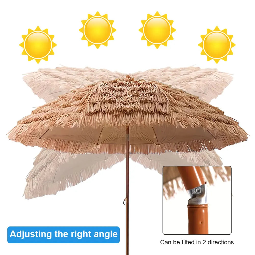 6.23ft/1.9m Thatched Tiki Beach Umbrella, Height Adjustable Natural Garden Patio Umbrella, 8 Ribs