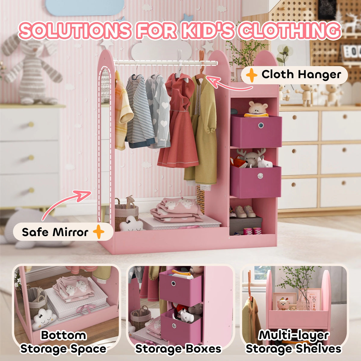 Kids Dress-Up Clothes Rail with Storage Shelf, Boxes and Mirror