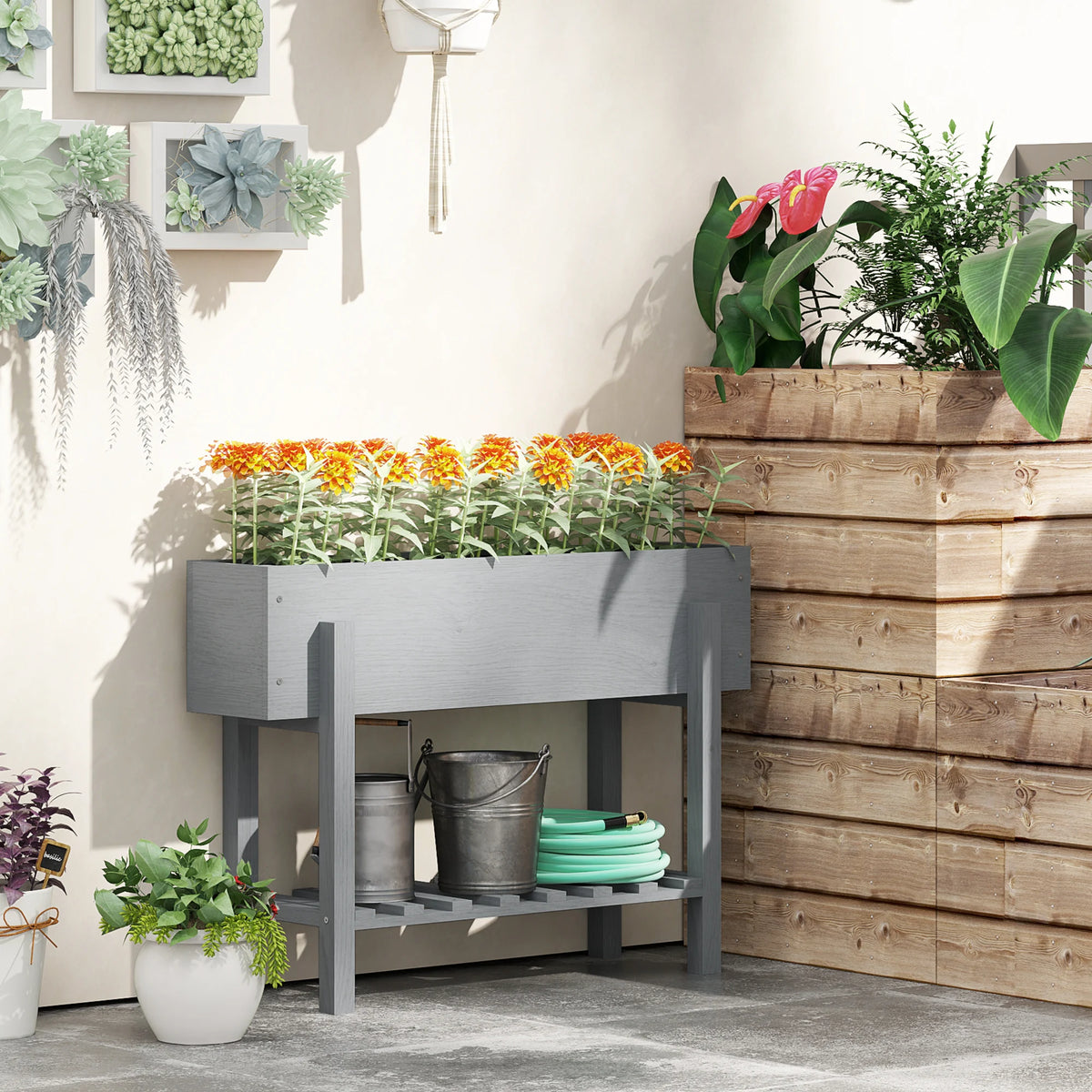 Wooden Raised Garden Bed with Bed Liner, Storage Shelf, Gray