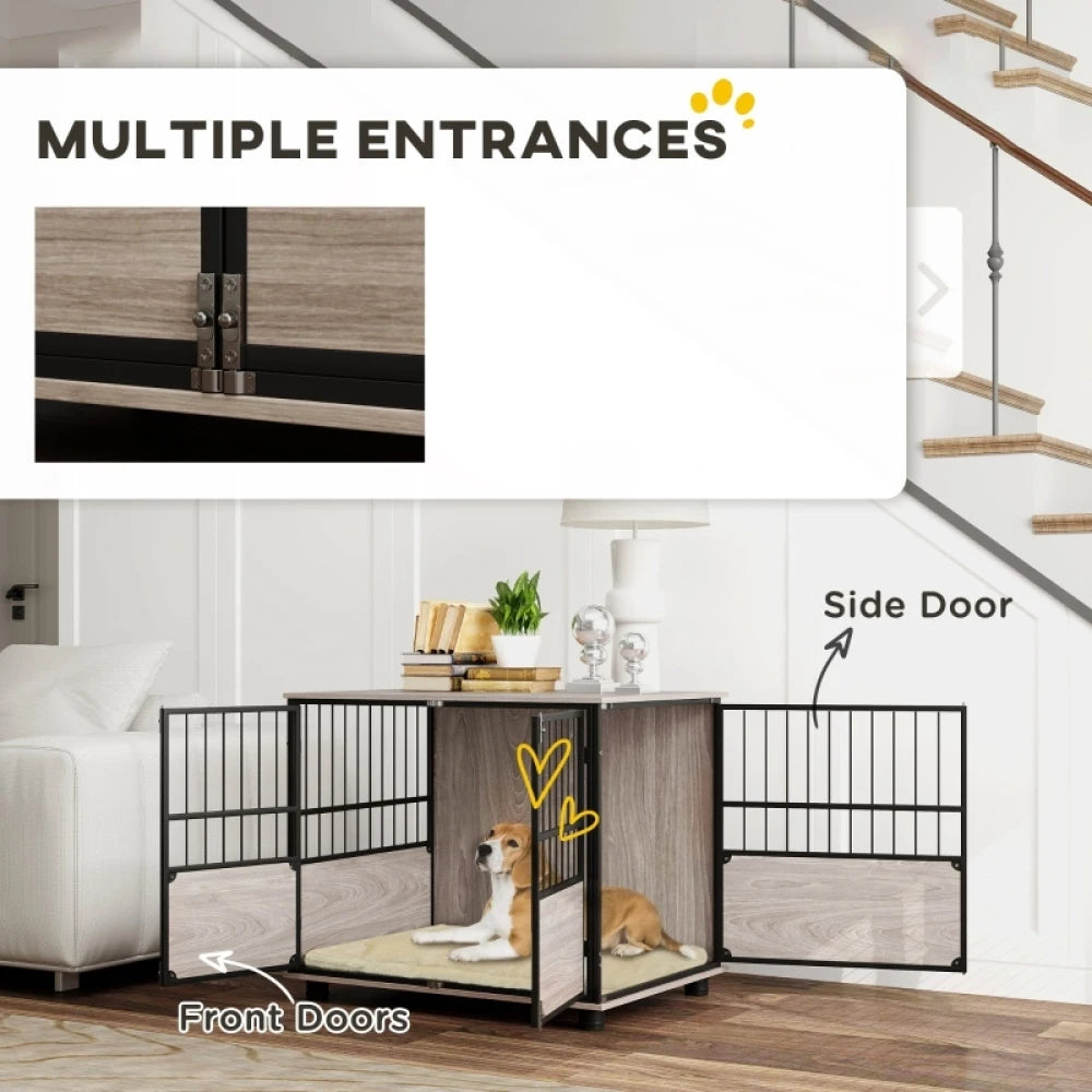 80cm Furniture Style Dog Crate End Table 3 Doors Soft Washable Cushion for Medium Dogs Brown