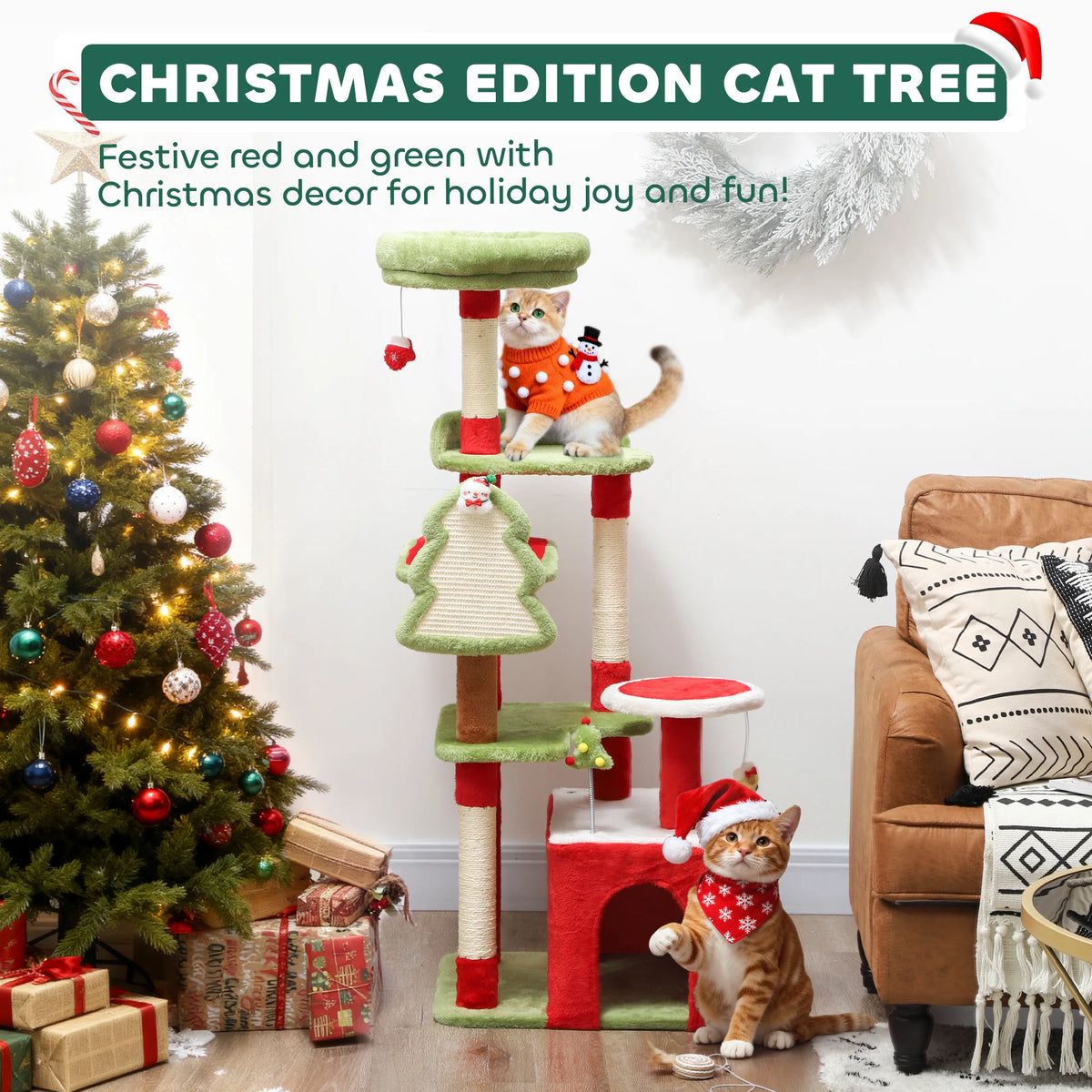 Christmas Cat Tree 120cm Festive Cat Tower with 3 Sisal Scratching Posts Condo Perch and Hanging Toys