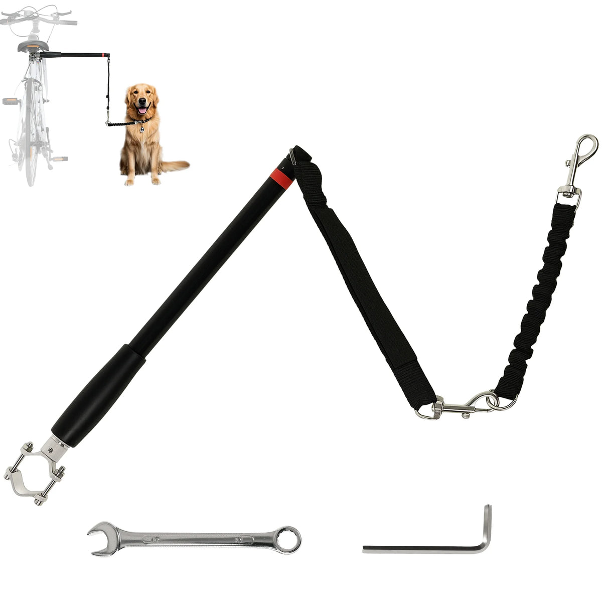 Dog Lead for Bicycle with Elastic Rope Steel Distance Bar 124cm Bike Attachment for Cycling Black