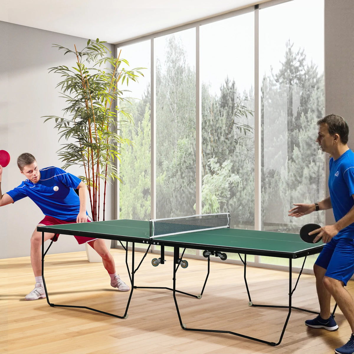 9FT Table Tennis Table, Portable, 4 Wheels, 2 Bats, 3 Balls