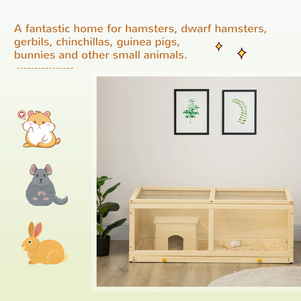 Wooden Hamster Cage, Small Animal Cage with Sliding Tray, Openable Top, Hut, Exercise Play House for Syrian Hamsters