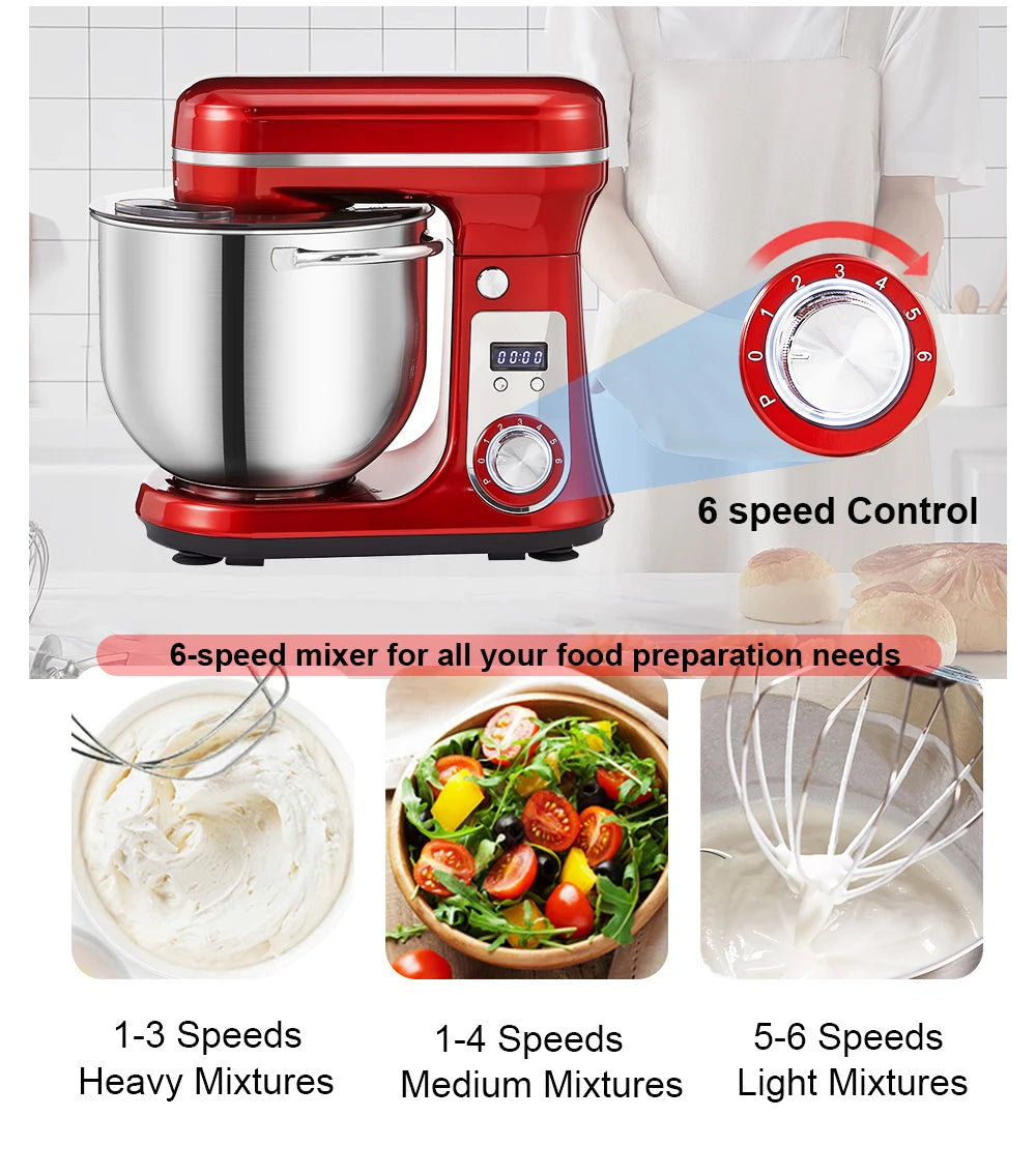 1200W Stand Mixer 6L Kitchen Food Mixer with Dough Hook Whisk 6 Speed Baking Machine