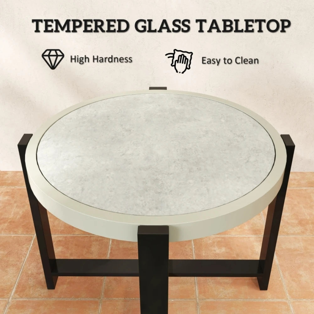 60cm Round Garden Side Table with Faux Marble Glass Top
