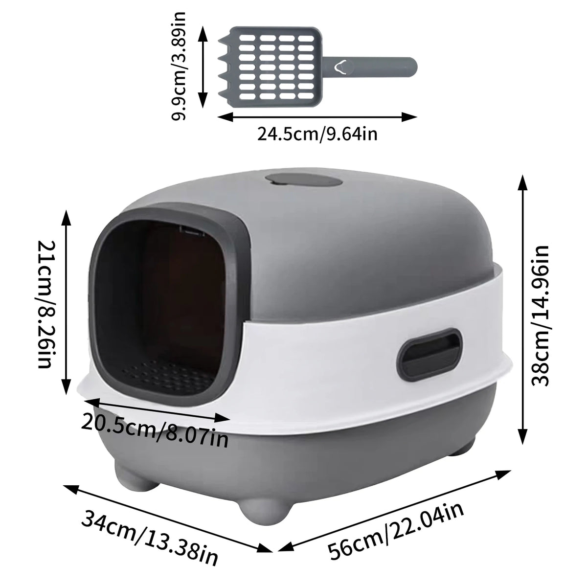 Large Enclosed Cat Litter Box Hooded Front Entry 34x56x38cm Anti-Splash with Scoop Grey