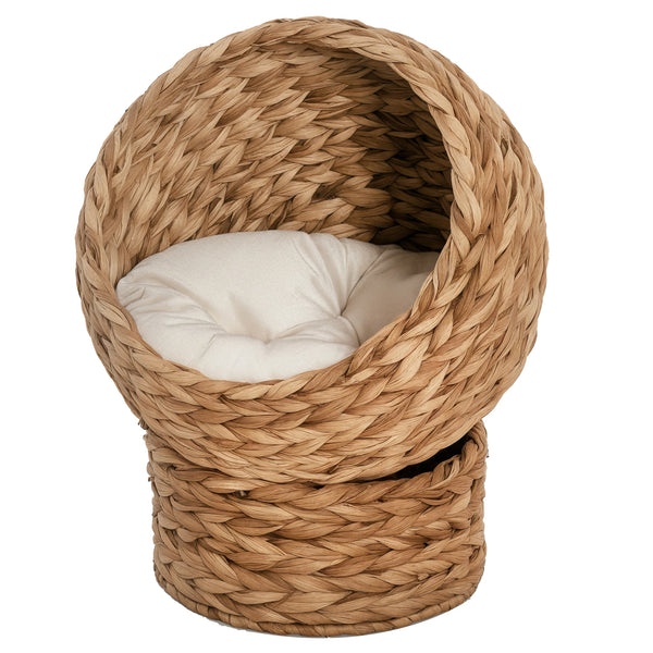 Wicker Cat House with Raised Base and Washable Cushion, 40 x 37 x 51cm, Brown