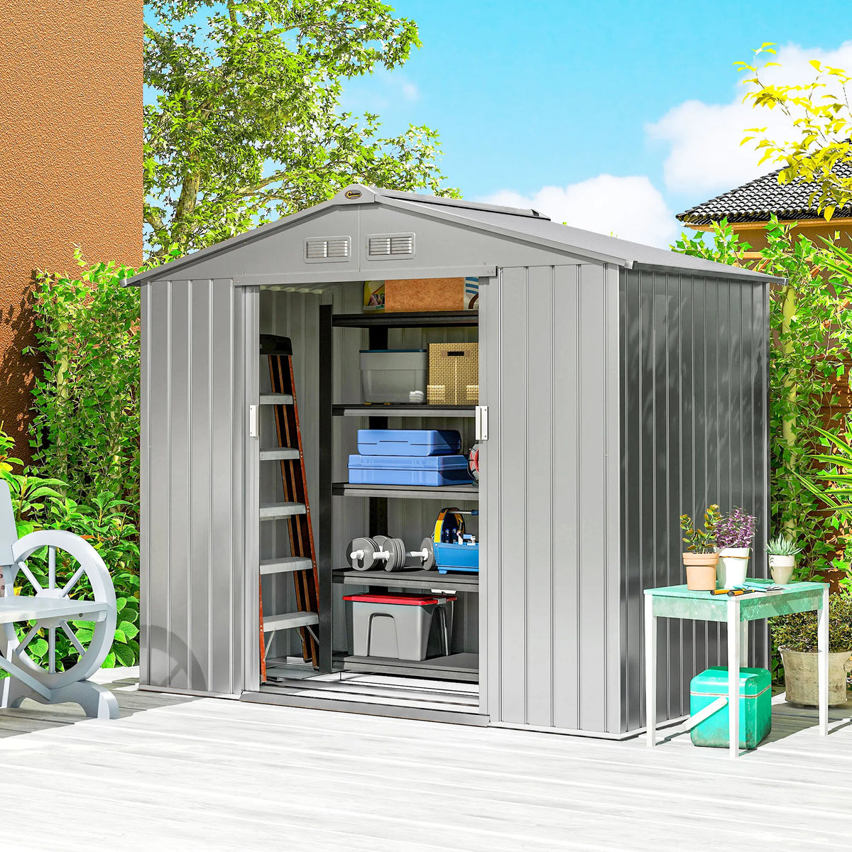 7 x 4ft Metal Garden Shed with Lockable Sliding Doors and Foundation Kit, Light Grey