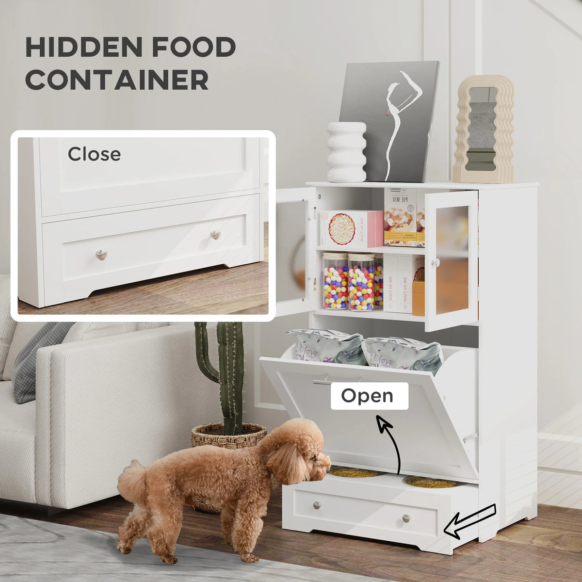 Dog Feeding Station with 2 Cabinets and Retractable Bowl Rack 60x35x100cm MDF Anti Tip White