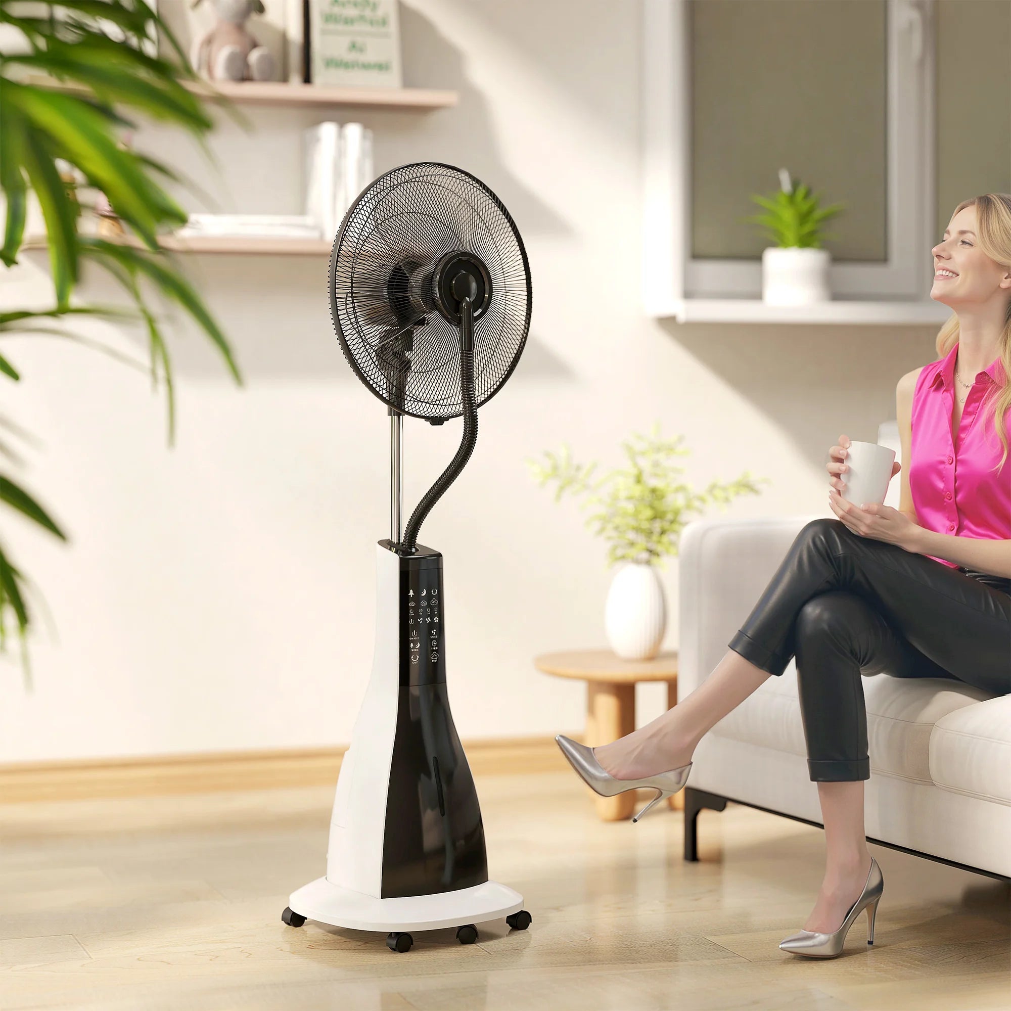 Spray Misting Pedestal Fan 90W Ultrasonic Atomization 3 Speeds 75° Oscillation Remote Control Timer Wheels